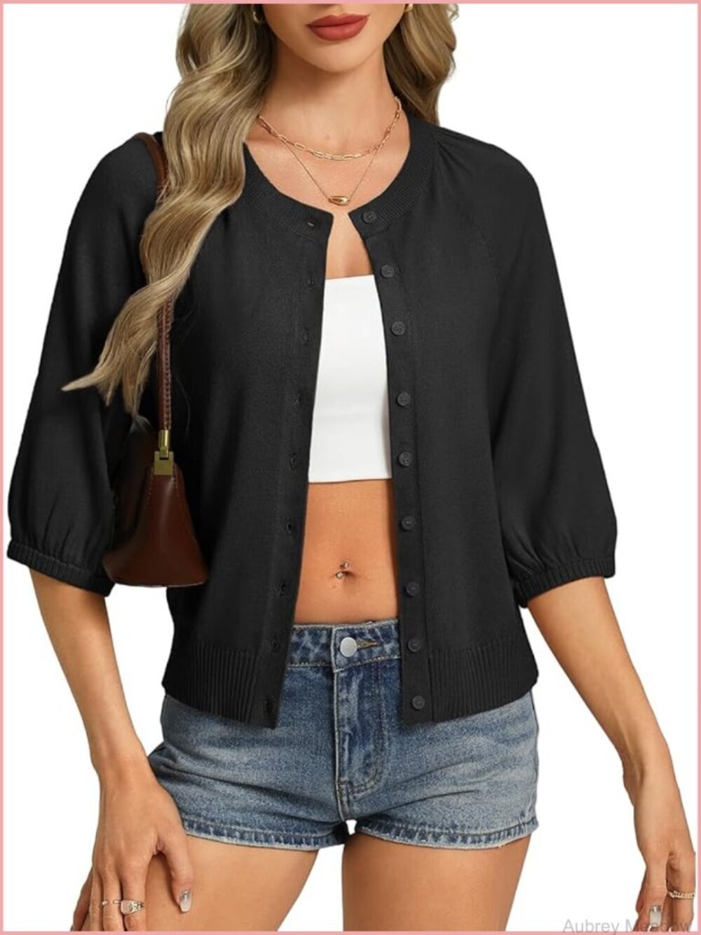 Puff Short Sleeve Cardigan, Lightweight Cropped Button Up Knit Top